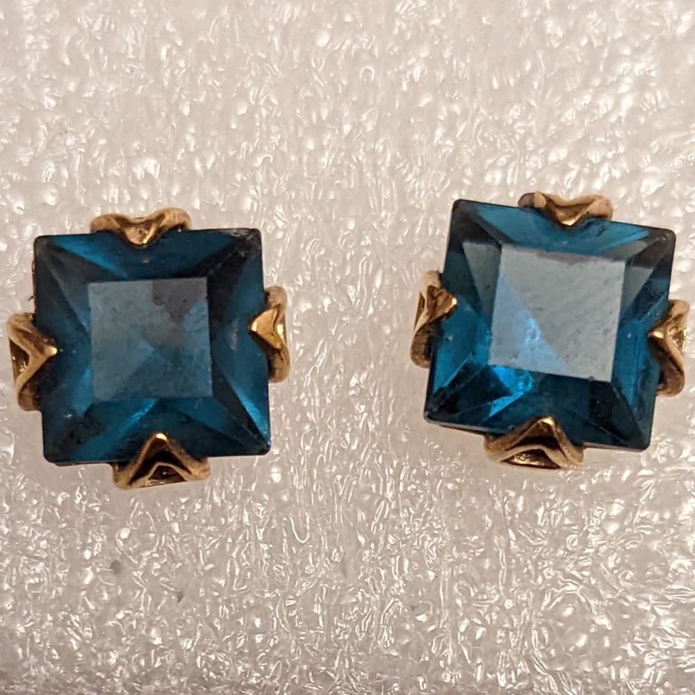Square Cut Blue Topaz Stud Earrings